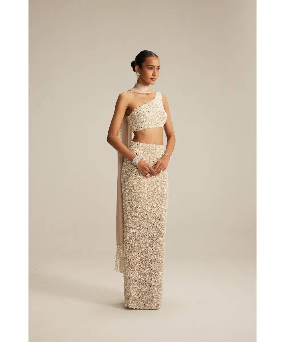 VVANI VATS- Light Beige One Shoulder Pencil Skirt With Stole Set